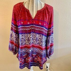 BeachLunchLounge Tunic Top Large Red White Blue Grey 100% Viscose Boho V-Neck